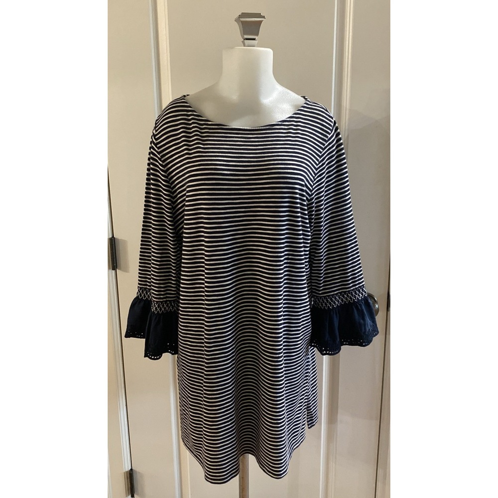 J Jill Striped Ruffle 3/4 Sleeve Tunic Shirt Top Navy Blue White Eyelet Modal- L